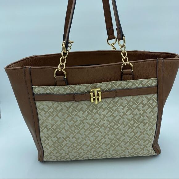 Tommy Hilfiger Large Tote Purse Handbag Gold Chain Accents-Brown - Picture 1 of 14